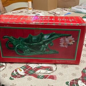 Festive Green Ceramic Sleigh Centerpiece